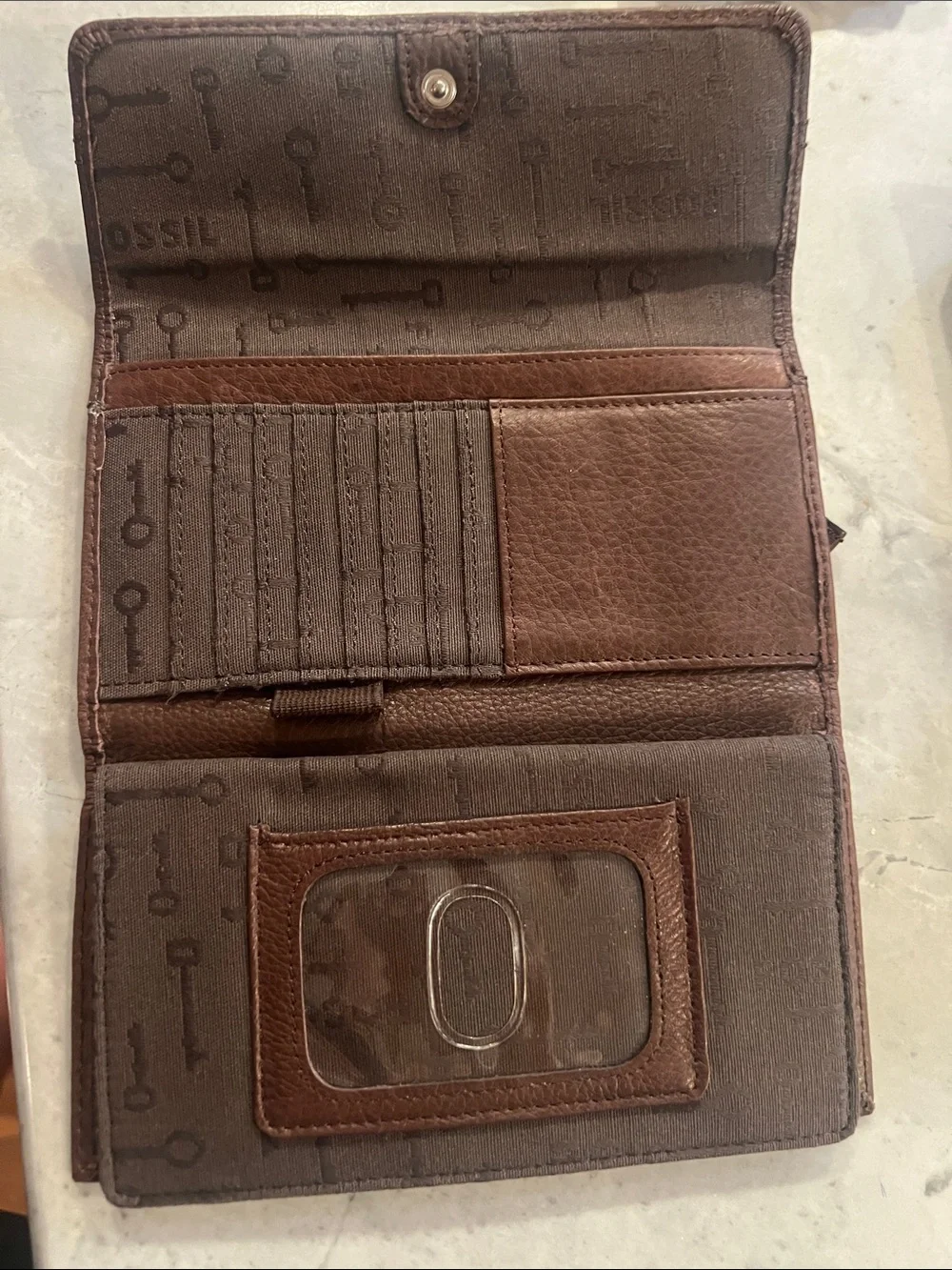 Fossil RFID snap Clutch Brown wallet flat blue leather